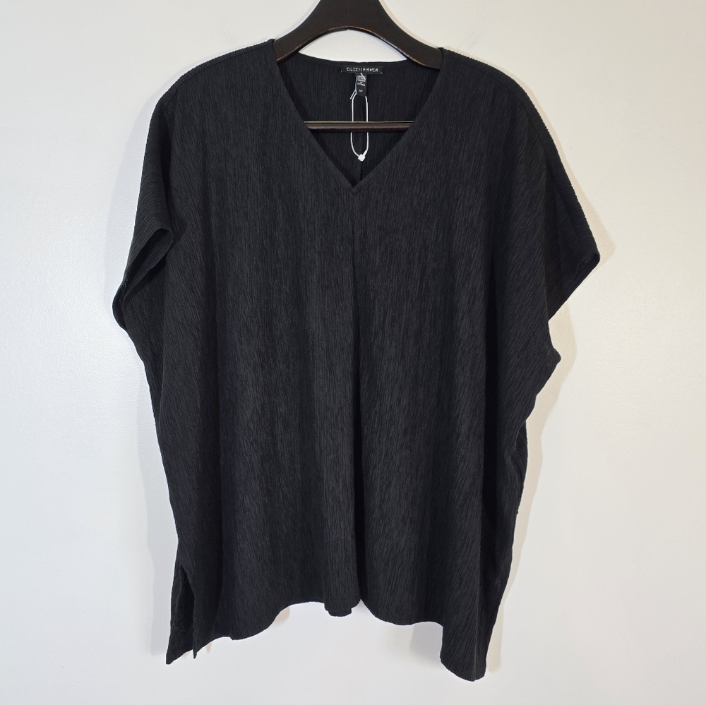 Eileen Fisher Woven Plisse Vneck Top Black Small New